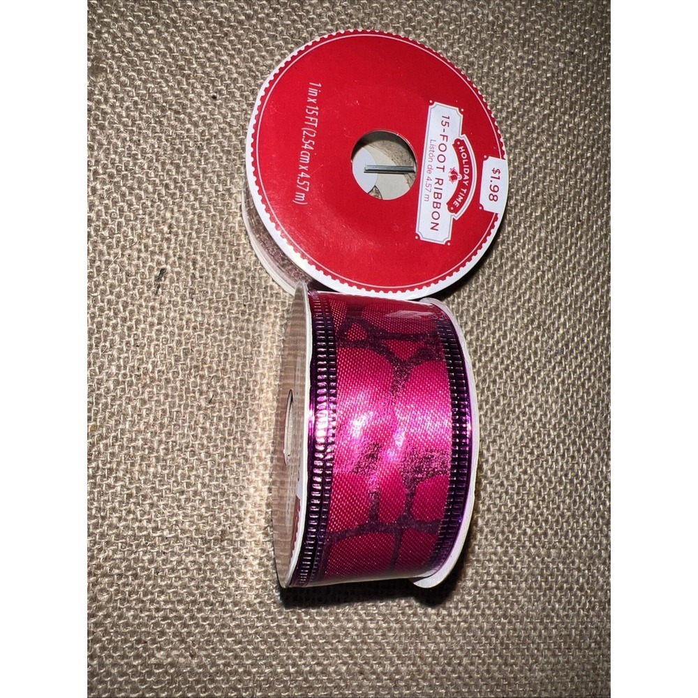 Holiday Time Pink Ribbon 1in x 15ft Wire Edged 2 Rolls Lot Metallic Pink Craft - Picture 2 of 4